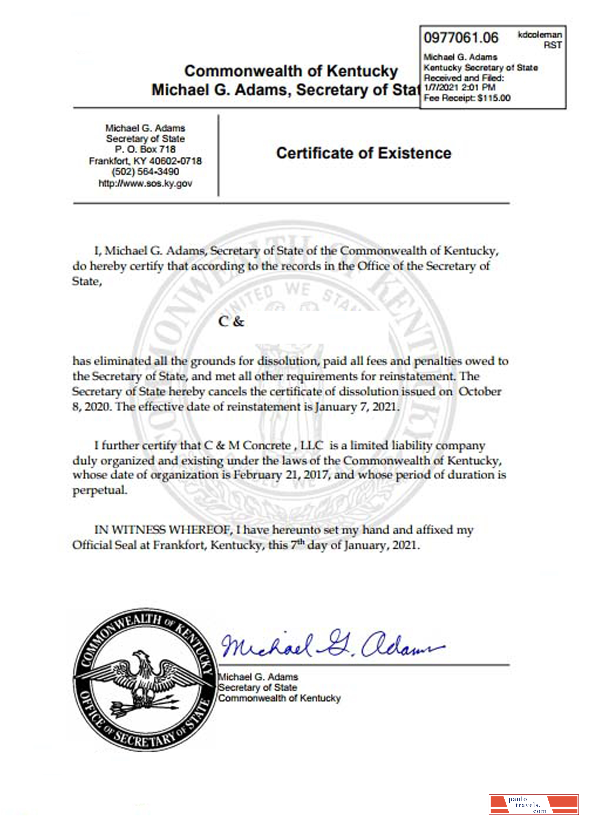 USA Kentucky certificate of good standing